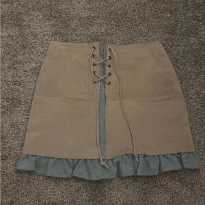 Vintage Leather Outer Edge Tan and Blue Ruffle Mini Skirt Size 7